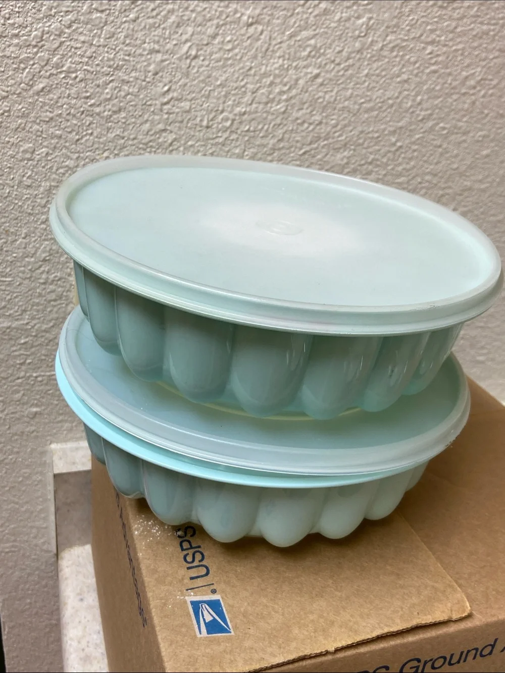 Vtg, Tupperware Jello-Ring Mold Mint Blue Plastic with Lids - Set of Two
